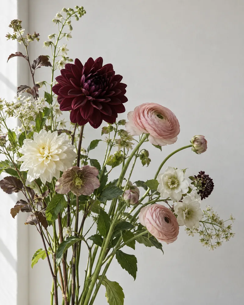 Flors soltes de tons vi, rosa i crema il·luminades per una finestra